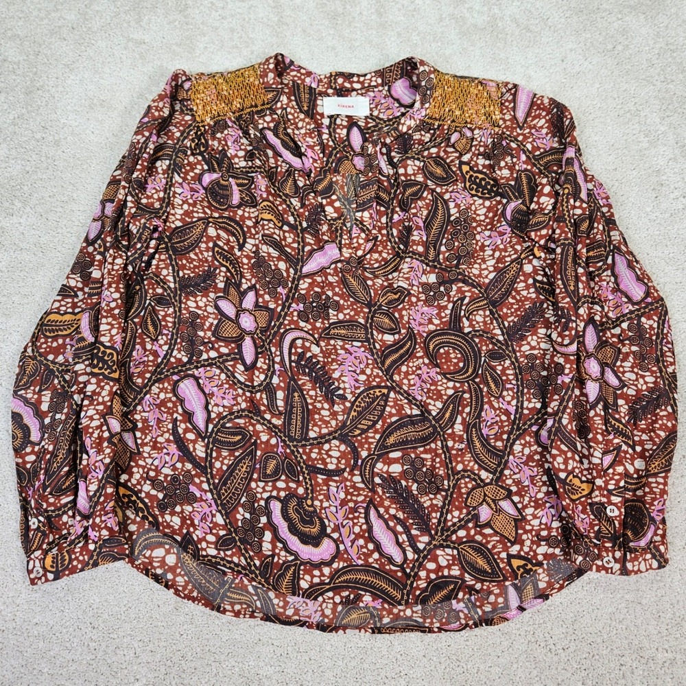 Xirena Boho Floral Print Long Sleeve‎ Smocked Shoulder Top M Cotton Contemporary